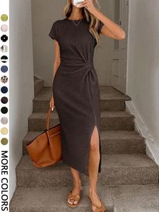 Elegant Waist Twist High Slit Sleeveless Midi Dress, Casual Apricot Textured Bodycon Dress, Women's Birthday Outfit, Women's Fitness Set, Women's Wedding Guest Dress, Women's Office Wear, White Graduation Dress