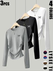 3pcs Women's Casual and Fashionable Slim Fit Small Bow Print Details Simple Solid Color Pleated Pullover Shirt Women's Round Neck Long Sleeved Three Piece T-shirt, Feminine