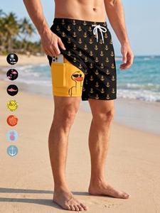 Men's All Over Print 2 in 1 Beach Shorts with Phone Pocket, Summer Casual Fancy Board Shorts with Side Pockets, Quick Dry Swim Shorts Swim Trunks Drawstring Elastic Waistband Swimwear Beachwear Swimsuit Bathing Suit