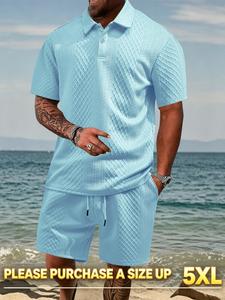 Men's Solid Textured Short Sleeve Polo Shirt & Drawstring Waist Shorts Set, Regular Fit Casual Fashion Cozy Breathable Two-piece Outfits for Daily Outdoor Wear, Men Clothes for Summer