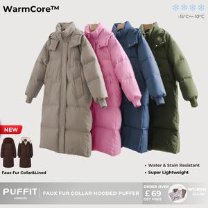 PUFFIT WarmCore Premium Classic Hooded Long Puffer Coat, Women Long Ladies Quilted Outerwear Jacket,Big Pocket, Water Repellent Winter Warm Basic Long Sleeve Tops Coat