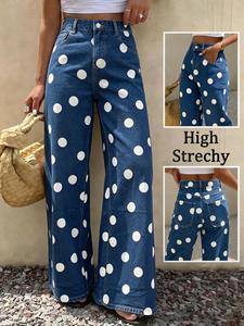 Spring Summer New High-Waisted Elastic Women's Jeans, Casual Wide Leg Pants, Polka Dot Design, Fitted Long Regular Fit