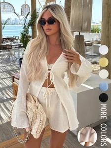 Women's Solid Tie Front Long Sleeve Top & Shorts Set, Casual Fashion Cozy Two-piece Set for Daily Holiday Vacation Wear, Ladies Clothes for Summer