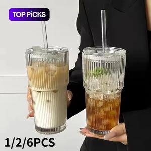 Glass Coffee Mug Set with Lid and Straw, Vertical Striped Design, 13.53oz & 20.29oz Sizes, Perfect for Ice Americano Latte Water, Glass Drinking Cup