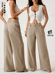 Women's Classical Linen Lightweight Palazzo Pants Summer Flowy Wide Straight Leg Beach Trousers With Pocket Casual Solid Color Soft Elastic High Waist Lounge Pants Travel Vacation Bottoms Date Brunch Home Work Streetwear Outfit