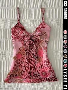 Spring/Summer 2000s Retro Leopard Peony Floral Printed Lightweight Strap with Chest Knot Women's Top
