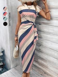 Elegant Round Neck Striped Waist Tie Slimming Long Dress for Women, Summer Fashion, Stylish and Comfortable, Perfect for Casual Wear