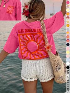 Women's Sun Print T-Shirt, Fuchsia Retro Boho Style Top, Beachy Summer Short Sleeve Tee, Suitable For Vacation And Daily Streetwear
