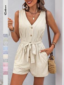 Women's Striped Print Tank Romper, Casual Curvy Sleeveless Romper for Summer, Ladies Clothes for Daily Wear