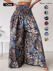 Women's Ethnic Pattern Shirred Waist Wide Leg Pants, Boho Casual High Waist Trousers for Daily Holiday Vacation Wear, Ladies Bottoms for All Seasons