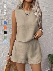 Women's Solid Color Crop Top & Shorts Two-Piece Set, Casual Fashion Cozy Top & Jumpsuit for Daily Outdoor Wear, Ladies Summer Clothes