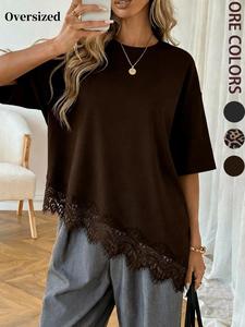 Women's Casual Loose-Fitting Y2K Style Half Sleeve Lace Trim T-Shirt, Asymmetrical Hem Design, All-Season Wear Soft Comfortable Loungewear