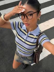 Women's Preppy Style Striped Knit Polo Shirt, Slim Fit Short Sleeve, Soft Light Collar, Stripes