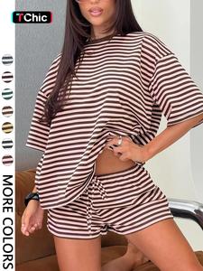 2 Spring Summer Stripe Print 2 Piece Outfit Women | Oversized T-Shirt + Drawstring Shorts | Soft Casual Lounge Set | Y2K Clean Girl Style for Daily Home Vacation Wear