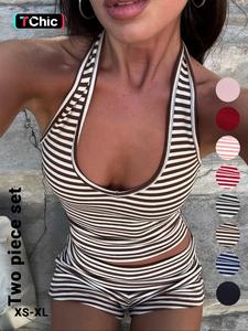 Two-piece Set Women's Striped Print   Tank Top & Shorts, Casual Sleeveless Top & Shorts for Summer, Ladies Clothes for Daily Wear