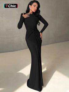Women's Elegant Solid Color Ruched Padded Shoulder Long Sleeve Bodycon Long Dress Plain Crew Neck Knotted Party Club Wedding Evening Gown Holiday Daily Casual Long Full Formal Dresses For Ladies Spring Fall Winter Clothes Special Occasion Wears