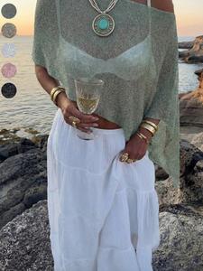 Women's Solid Boat Neck Off Shoulder Summer Lightweight Shiney Knit Top, Asymmetric Hem Design Loose Fit Flowy Knitted Shrug Cloak Casual Vacation Beach Holiday Travel Street Daily Wear, Stylish and Comfortable Knitted Sweater Top, Summer Holiday Outfit