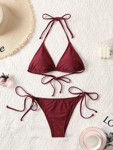 Women's Solid Bikinis Set, Tie Back Halter Triangle Swim Top & Tie Side Swim Bottom, Ladies Summer Swimwear for Beach Holiday Vacation Halter Bikini Sets High Stretch Bikini