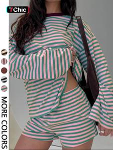 Women's Casual Striped Long Sleeve Top & Shorts Set, Loose Fit, All Season, Comfortable Travel Clothing for Daily Wear