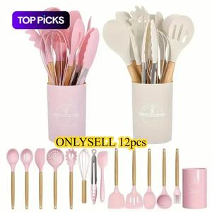 Silicone Kitchen Utensils Set, 12pcs/set Non-stick Cooking Utensils Set with Wooden Handle, Kitchen Cooking Utensils Set for Home Use, Kitchen Cooking Accessories