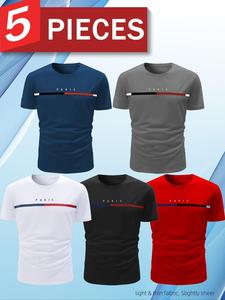Men's Sport Quick-Dry Short Sleeve T-Shirt Set of 5, Pure Color Round Neck Training Top, Athletic Sports Clothing, Breathable Fast Dry, Gym Essential