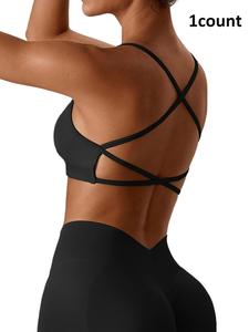 Women's Solid Criss Cross Backless Sports Bra, Breathable Comfortable Removable Chest Pads Sports Bra, Ladies Sportswear for Indoor Outdoor Wear