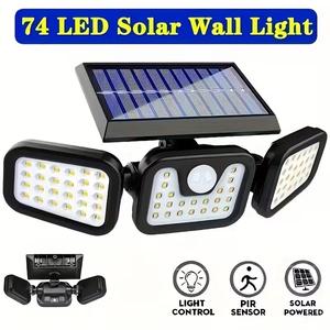 Solar Outdoor Three-Head Motion Sensor Wall Light, 3000 Lumens 74 LED Bulbs, 270° Wide Angle Lighting, 3 Modes, 2400mah Battery