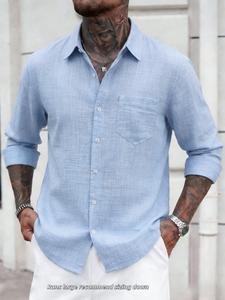 Men's linen shirt with button design, casual long-sleeved beach shirt with pockets, regular fit and lightweight top, suitable for summer fashion and comfort, Easter, an ideal gift for him