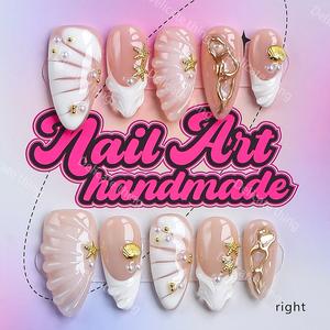 Delicatething Y2K Style Long Sharp Nails, Handmade Wearable Nail Set, 4 Sizes XS S M L, Beads, French Design, Perfect Gift for Women