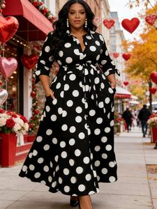 Plus Size Polka Dot Print Belted Button Front Shirt Dress, Elegant 3/4 Sleeve Tie Front High Waist Long Dress for Vacation Holiday Party, Women's Clothes for Summer