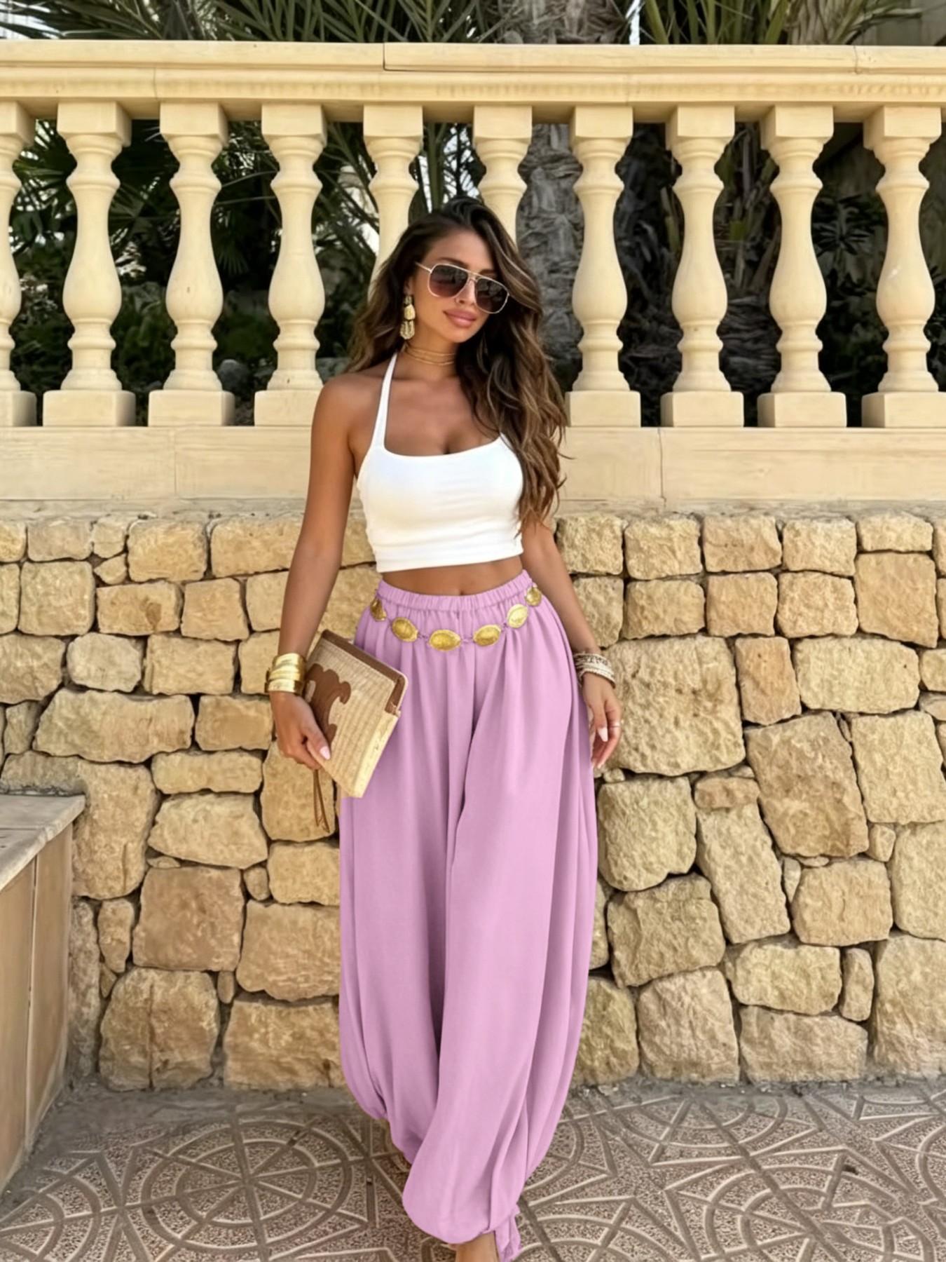 Summer Women's Casual Fashion Solid Color Long Pants, Loose Fit Elastic Waist Lantern Pants, Ideal for Daily Wear, Everyday Bottoms, Womenswear
