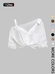 1 Spring Summer Asymmetric Cold Shoulder Blouse Women | Collared Button Down Textured Fabric 3/4 Sleeve | Clean Girl Casual Chic Style for Daily Vacation Beach Travel Casual Style Shirt