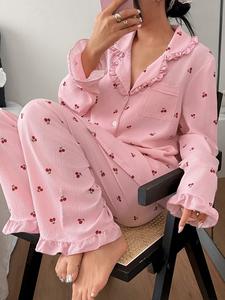 Women's Sleepwear Set, Cherry Print Ruffle Long Sleeve Pajamas, Open Front Collar Comfortable Nightwear, Soft Button-Up Top & Elastic Waist Pants