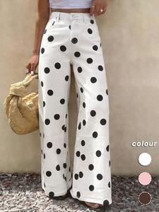 Spring Summer New High-Waisted Elastic Women's Jeans, Casual Wide Leg Pants, Polka Dot Design, Fitted Long Regular Fit