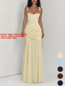 Women's Plain High-Waisted Slim-Fitting Dress, Casual Sleeveless Long Dress, Elegant Square Neck Pleated Sexy Fashion Dress