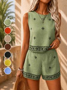 Women's Elegant Boho Bohemian Embroidered Two-Piece Set, Sleeveless Top + High-Waisted Shorts, Summer Beach, Casual Vacation Wear
