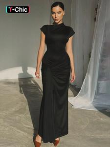 Women's Plain Ruched Tie Back Asymmetrical Neck Dress, Elegant Cap Sleeve Long Dress for Party Holiday Wedding Guest, Ladies Summer Clothes