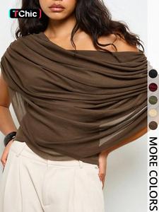 Women's Brown Off-Shoulder Draped Blouse - Sheer Asymmetrical Design Fitted Top for Office & Casual Outings | Trendy Quiet Luxury, Viral TikTok Top
