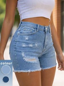 Summer Light Blue Elastic High Waist Shorts, Ripped Street Style Denim Shorts for Women, Casual Daily Wear, Versatile Jeans Shorts