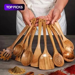 10-Piece Natural Wood Kitchen Utensil Set, Ergonomic Handles, Heat Resistant, Includes Spoons, Pans, Ideal for Induction Cooktops, Wooden Cooking Tools