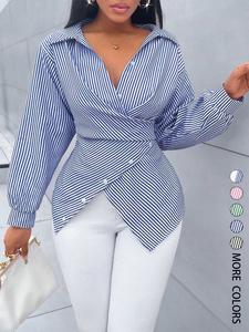 Women's Striped Print Button Front Shirt,Asymmetrical Hem ,Wrap Blouse,Fall Outfits,Long Sleeve,Winter Clothing,Elegant,Daily Commuting,Going Our,Casual