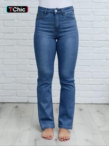 Women's Stretchy Straight Leg Jeans, Casual All Season Denim Jeans, Versatile Plain Design for Everyday Wear