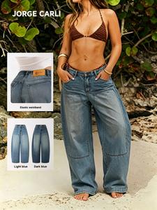 JORGE CARLI Women's Casual Nine-Part Straight Leg Denim Jeans, Elastic Waist, Loose-Fitting, Long/regular Length, Plain Pattern, All Seasons