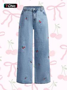 Women's Hand Embroidered Cherry Casual Straight Leg Wide Pants, Elegant Woven Denim Jeans, All Seasons Fashion, Comfortable Fit