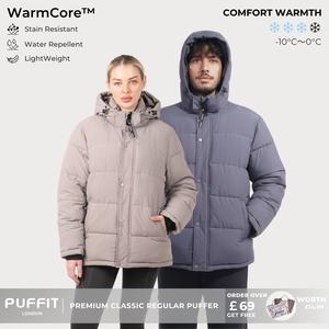 PUFFIT WarmCore Premium Detachable-Hood Puffer Jacket,Classic Lightweight Winter Coat, Windproof, Water-Repellent, Adjustable Drawstring Design