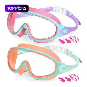 Kids Swimming Goggles, Cool Swimming Goggles, 2 Counts/set Anti-fog Goggles with Earplugs, Wide Vision Design Comfortable Silicone Material Goggles for Boys & Girls