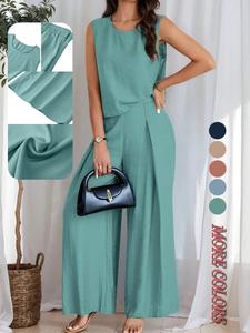 Two-piece Set Women's Solid Color Keyhole Back Tank Top & Wide Leg Pants, Minimalist Casual Sleeveless Top & Elastic Waist Trousers for Summer, Ladies Clothes for Daily Wear, Womenswear, Tanktop