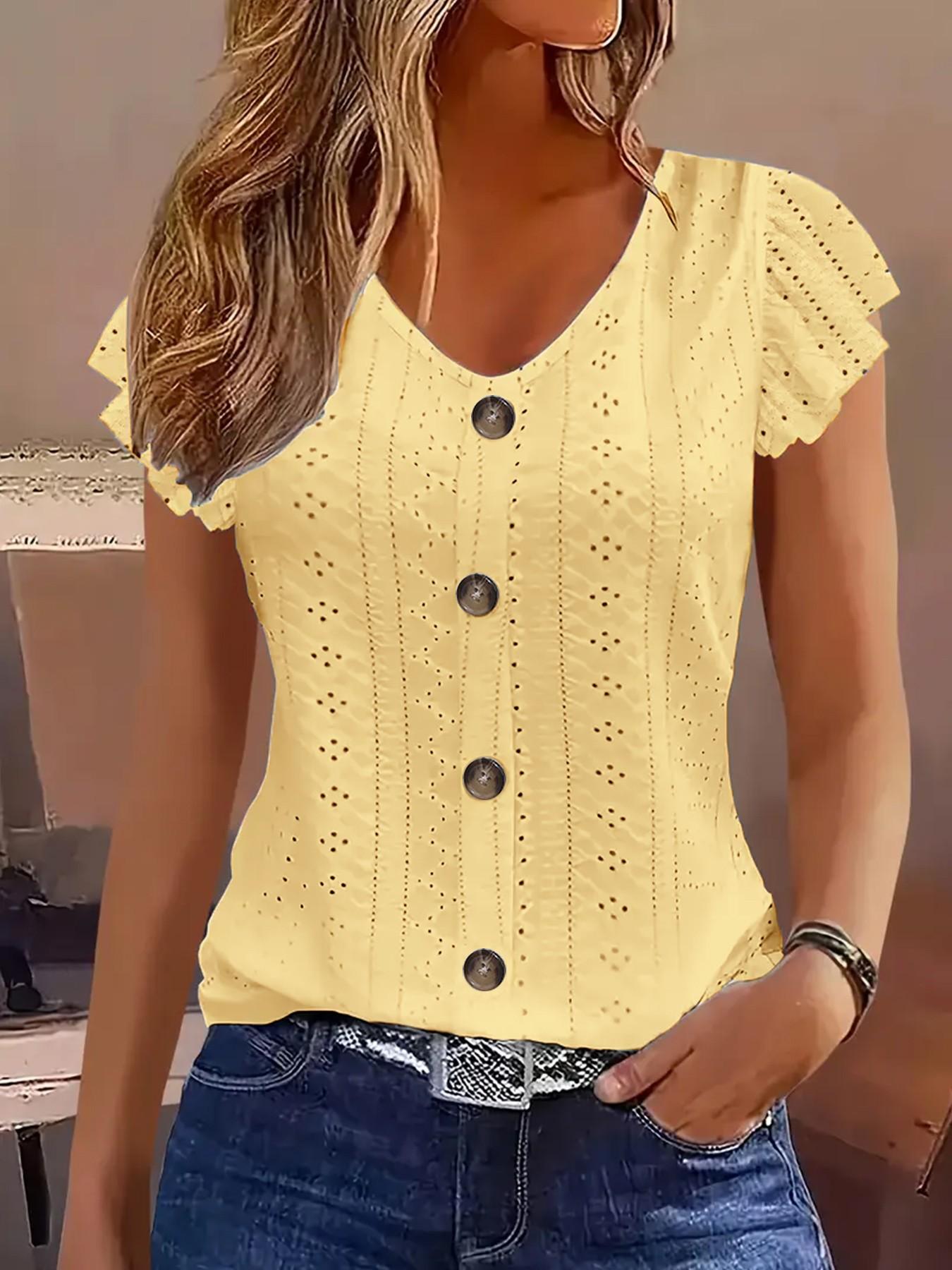 Women's Casual Plain Ruffle V-Neck Short Sleeve Top, Summer Loose Fit Blouse, Comfortable and Stylish, Perfect for Daily Wear