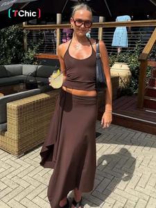 Women's Summer Outfit, Chic Skirt Sets, Solid Sleeveless Tie-neck Cami Top & Bodycon Side Split Irregular Hem Long Skirt Two-piece Set, Backless Halter Neck Camisole Crop Tank Tops with Slit Ruffles Skirts Suit, Ladies Casual Party Outfits