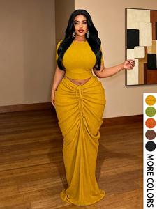 Plus Size Two-Piece Women's Set, Womenswear, Ribbed Short Top & Drawstring Pleated Skirt, Sexy Slim Fit Party, Curvy Friendly Fashion